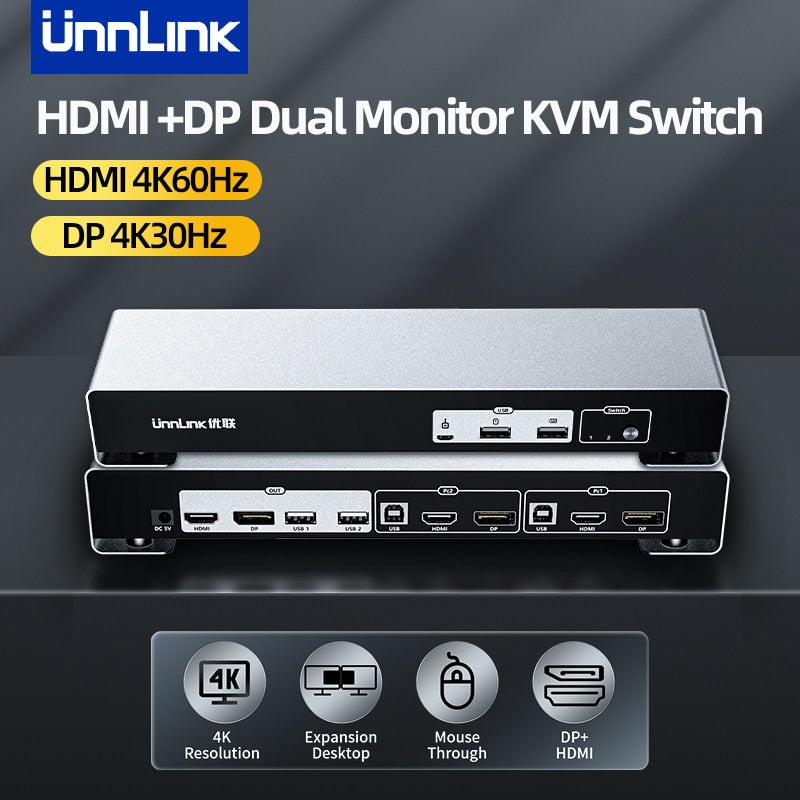 Unnlink 4K HDMI + DP شاشة مزدوجة KVM Switch 2x2 مشاركة 4 USB لطابعة لوحة مفاتيح الماوس Udisk