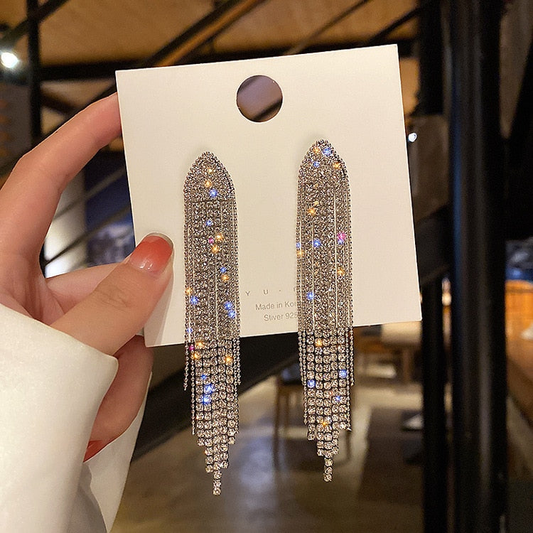 2022 New Version Full Rhinestone Long Tassel Earrings Women&#39;s Simple Golden Silver Color Earrings Party Jewelry Beautiful Gifts