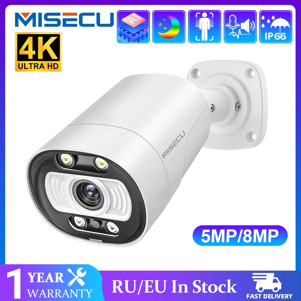 MISECU H.265 Real 4K Ai Smart POE Camera 5MP 8MP Two-way Audio Human Detection Outdoor Camera For CCTV System Video Surveillance