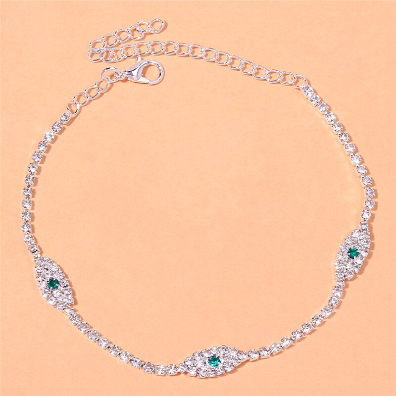 Huitan Green Eye Chain Anklet Bracelet Silver Color Crystal CZ Temperament Women&#39;s Foot Accessories Luxury Vintage Ankle Jewelry