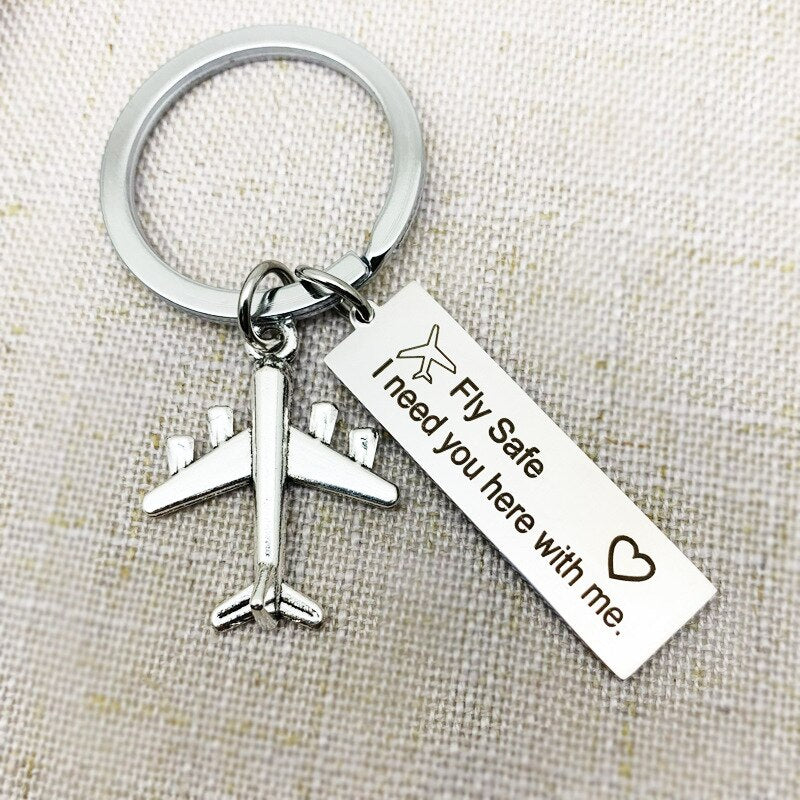 New Plane Fly Safe I Need You Here with Me Keychain Pendant  Pilot Boyfriends Husband Gifts Key Chain Dad Fathers Day Gift