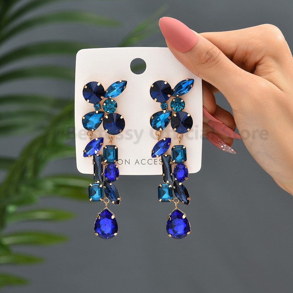 Geometric Rhinestone Fancy Long Drop Earrings For Women New Trend Luxury Design Copper Chain Jewelry Party Particular Pendientes