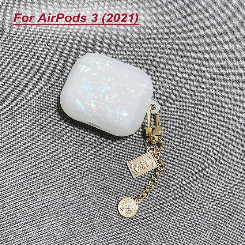 Dreamy White Glossy Shell Pearl Bracelet Keychain Earphone Soft case For Apple Airpods 1 2 Pro 3 Wireless Headset Box Cover