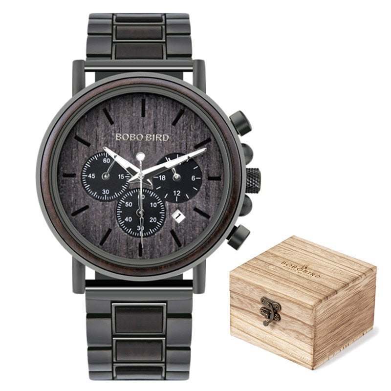 بوبو بيرد ساعة خشبية للرجال ساعة توقيت كرونوغراف فاخرة أنيقة عرض تاريخ الخشب كوارتز ساعة اليد الذكور الساعات في صندوق هدية OEM