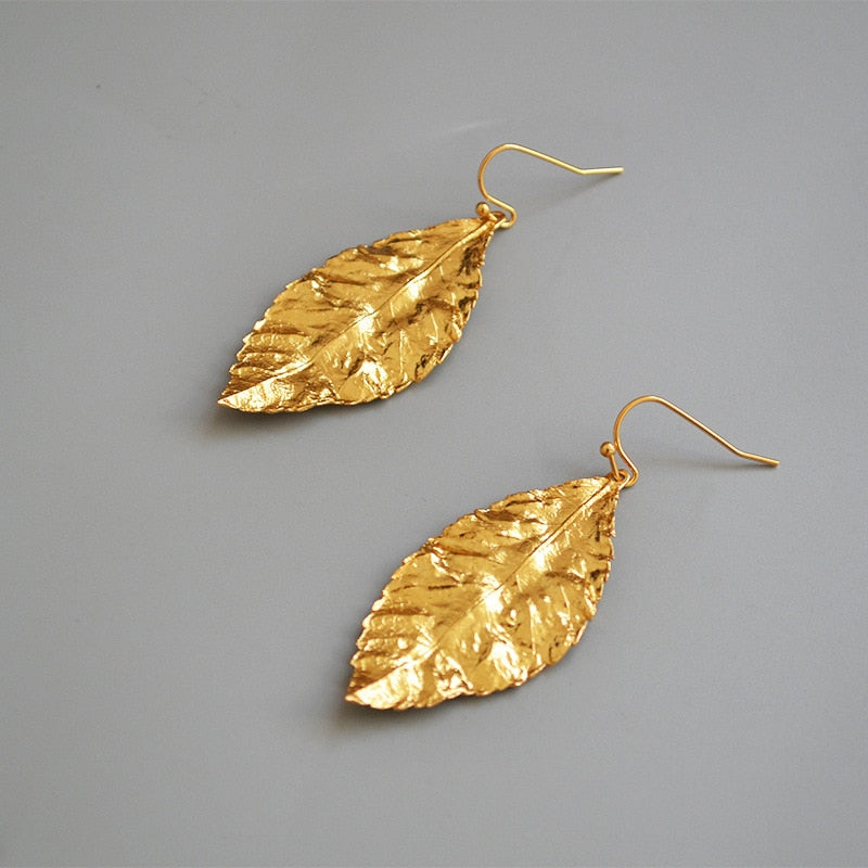 Leaf shape gold plated earrings dangles women fashion earrings drop high quality