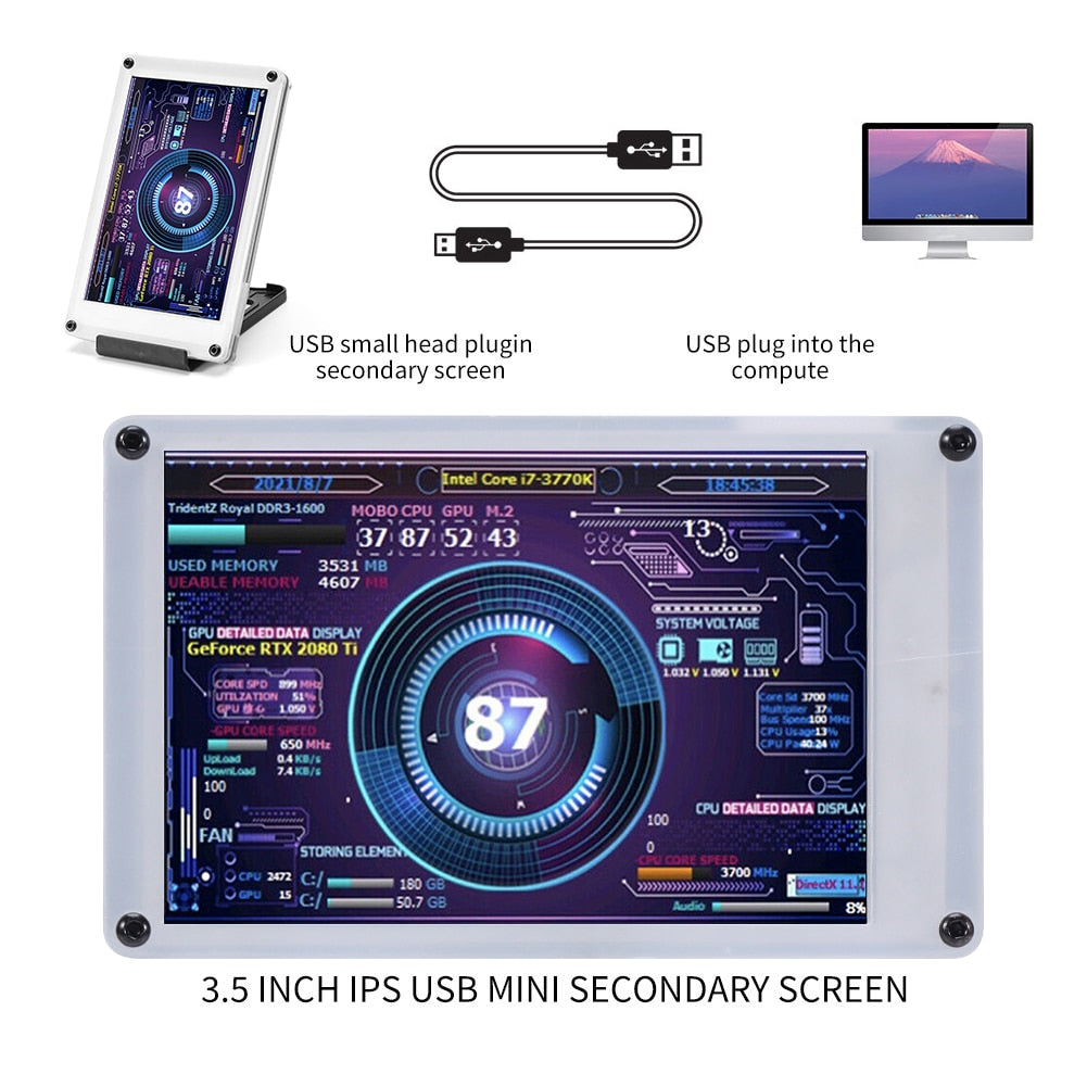 Dual USB Computer Monitor 3.5 Inch IPS DIY Acrylic PC Display Secondary Screen Freely AIDA64 for Windows Linux for Raspberry Pi