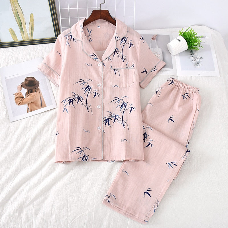 2023 Japanese style simple short women female 100% cotton gauze short sleeve trousers ladies pajamas suit cute pajamas sets home