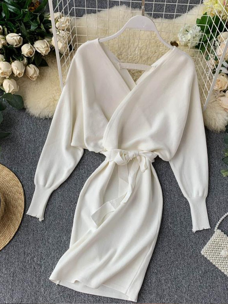 YuooMuoo Autumn Winter Women Knitted Sweater Dress 2022 New Korean Long Batwing Sleeve V Neck Elegant Dress Ladies Bandage Dress