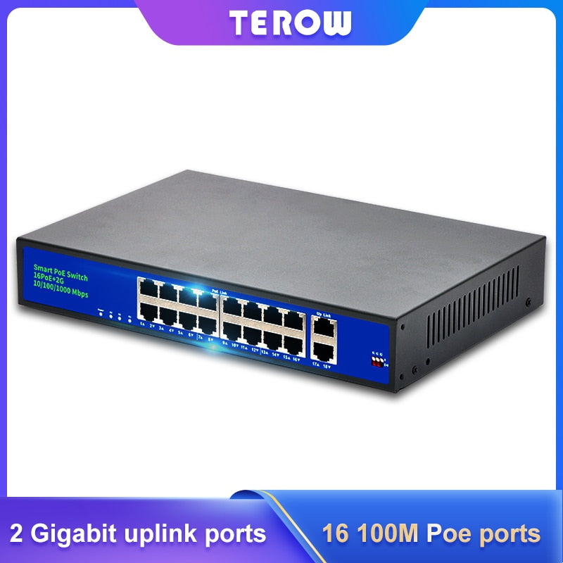 Terow 18Port POE Ethernet Switch 52V VLAN 10/100Mbps IEEE 802.3 Af/at محول الشبكة القياسي لكاميرا IP نقطة وصول لاسلكية 250 متر