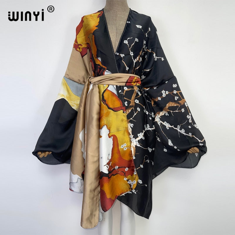 2022 WINYI Summer Beach Wear Swim Suit Cover kaftan sweet lady boho Cardigan stitch Self Belted sexy Holiday long Sleeve Kimono