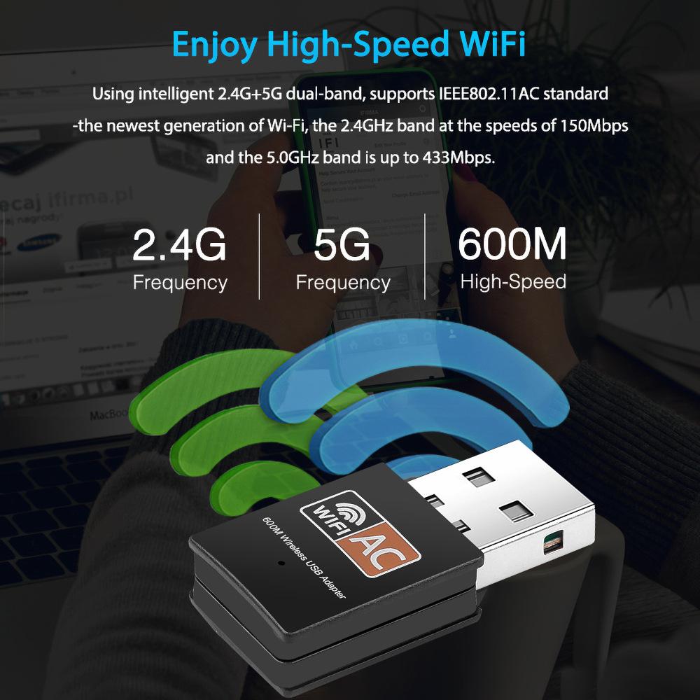 محول واي فاي USB صغير لاسلكي ثنائي النطاق 2.4G / 5.G 600Mbps USB استقبال بطاقة الشبكة لأجهزة الكمبيوتر المحمول سطح المكتب ويندوز 7 8 لينكس XP