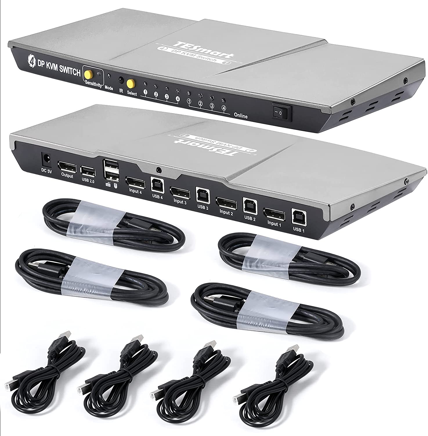 TESmart KVM Switch DisplayPort, 4 Port KVM Box, UHD 4K@60Hz RGB 4:4:4, USB 2.0 Hub, Hotkey, Button Switching, DP PC Keyboard Mou