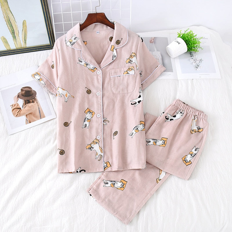 2023 Japanese style simple short women female 100% cotton gauze short sleeve trousers ladies pajamas suit cute pajamas sets home