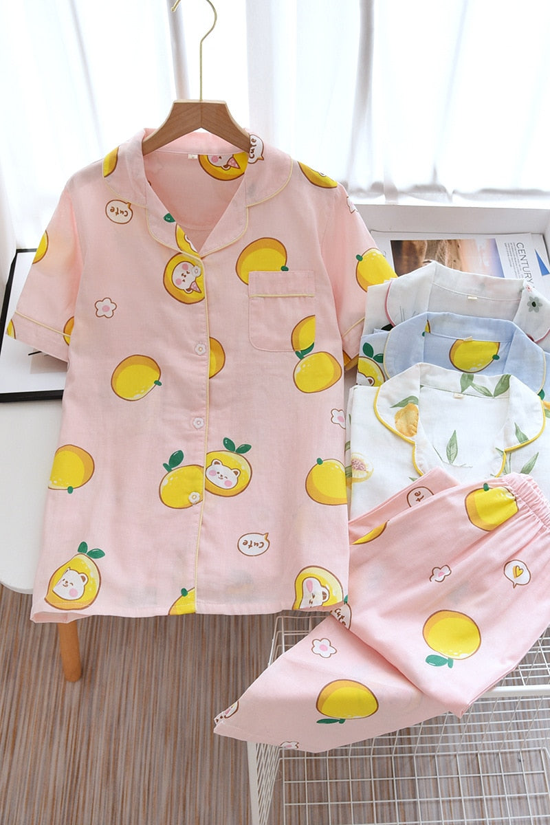 2023 Japanese style simple short women female 100% cotton gauze short sleeve trousers ladies pajamas suit cute pajamas sets home