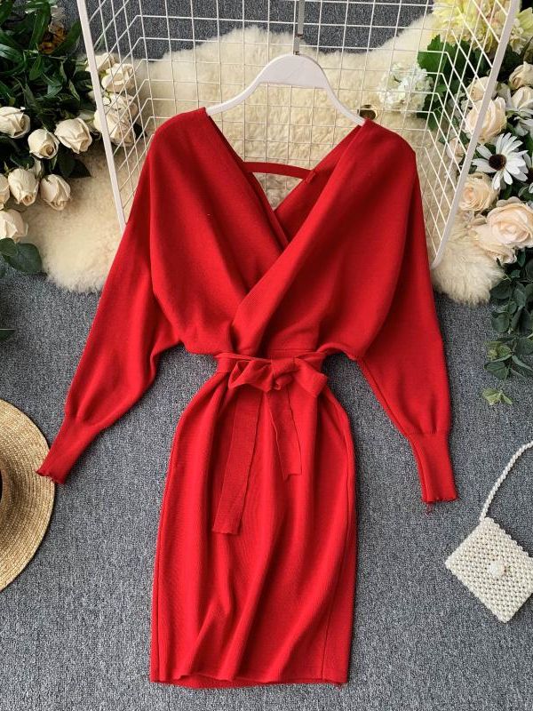 YuooMuoo Autumn Winter Women Knitted Sweater Dress 2022 New Korean Long Batwing Sleeve V Neck Elegant Dress Ladies Bandage Dress