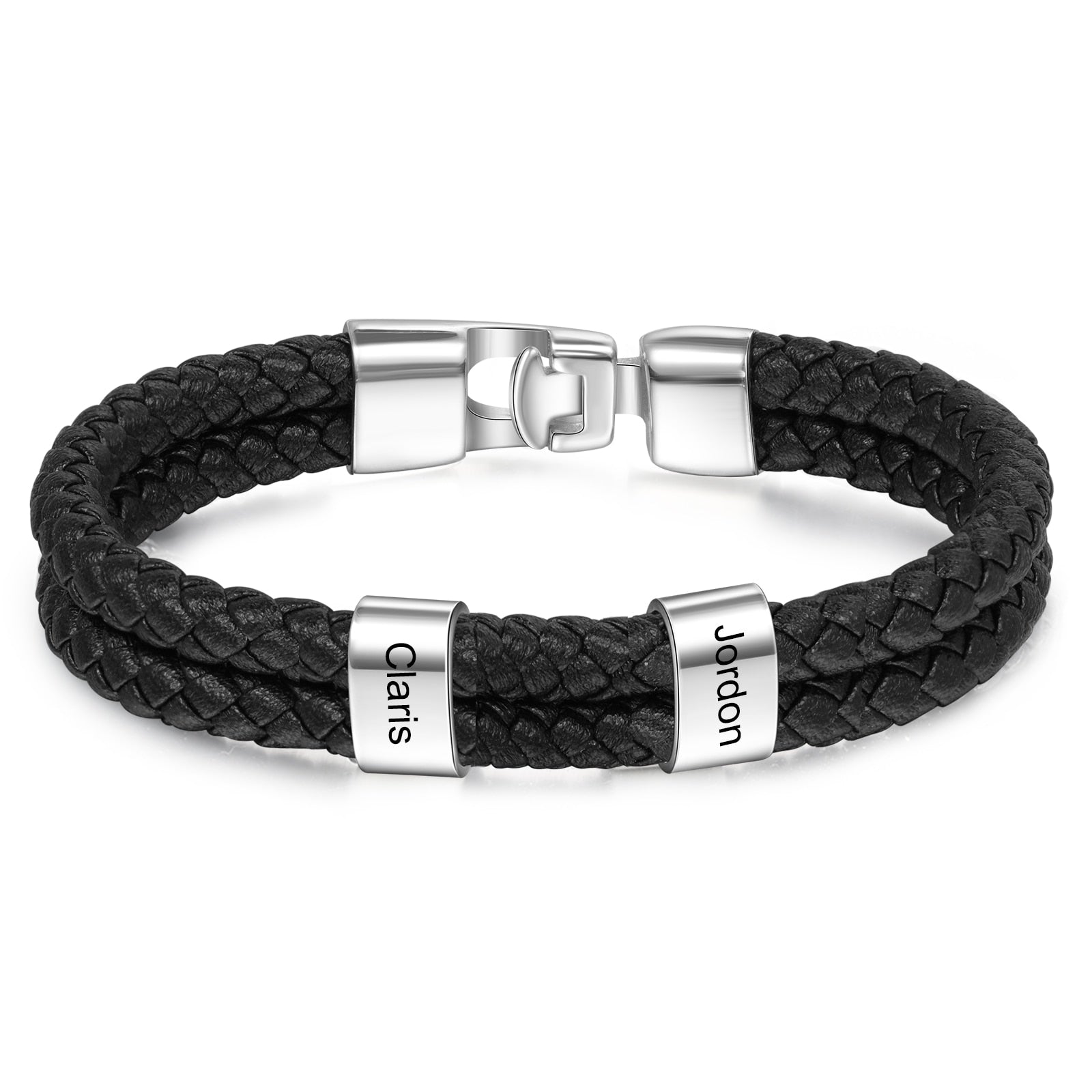 JewelOra Personalized Engraved Family Name Beads Bracelets Black Braided Leather Stainless Steel Bracelets for Men Fathers
