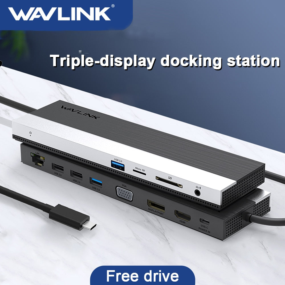 محطة إرساء Wavlink ثلاثية العرض 4k USB Hub مزدوج 4K HDMI متوافق/DVI/VGA USB-C Hub 100W PD لأجهزة الكمبيوتر المحمول Macbook Pro/الهاتف