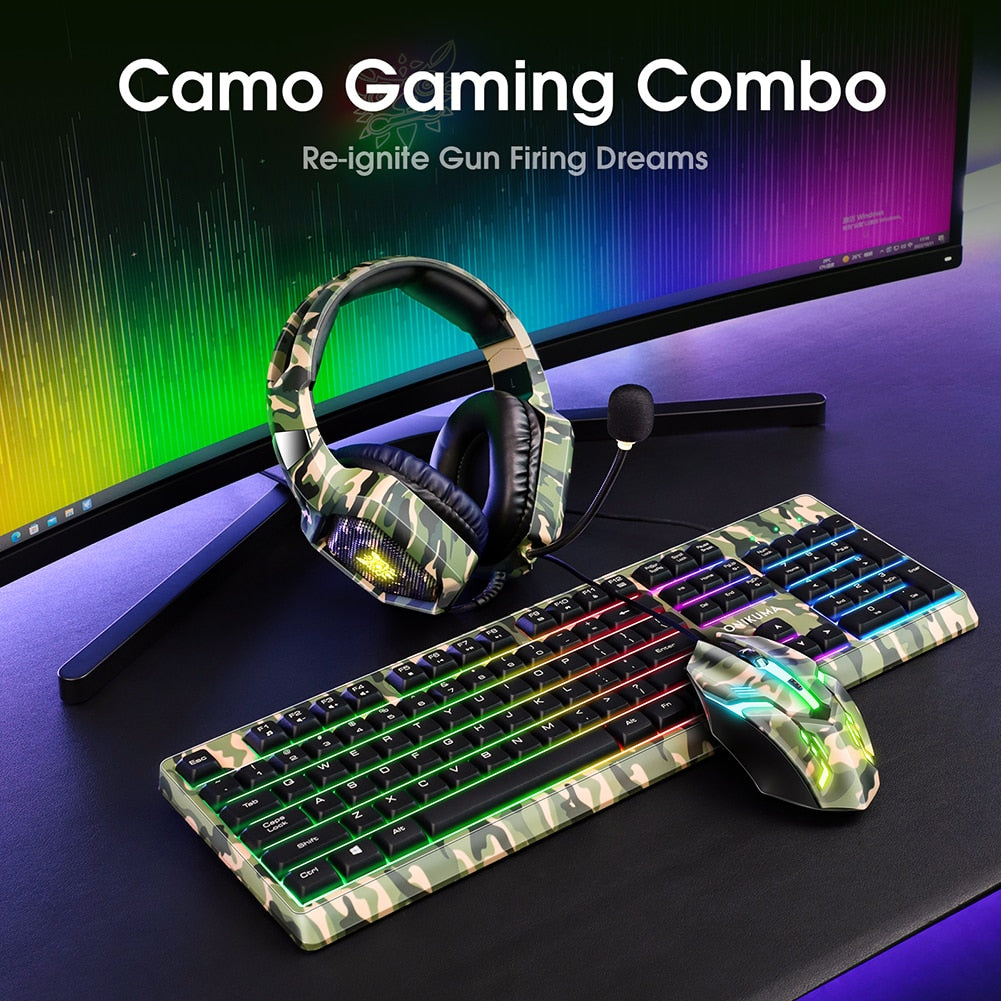 Camouflage Mouse Keyboard Headset Three Piece Set Keyboard Mouse Headset Combo with Microphone Computer Accessories for Gamer