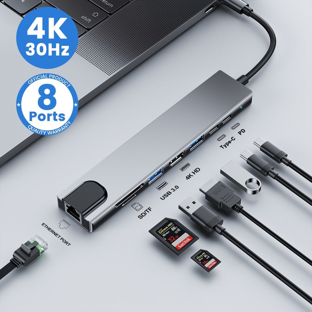 USB C HUB نوع C الفاصل إلى HDMI 4K Thunderbolt 3 محطة الإرساء محول الكمبيوتر المحمول مع PD SD TF RJ45 لماك بوك اير M1 باد برو