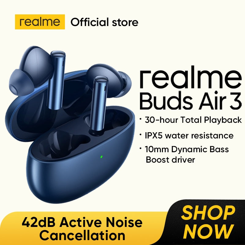 سماعات Realme Buds Air 3 اللاسلكية 42dB إلغاء الضوضاء النشطة IPX5 مقاومة للماء لعبة الموسيقى سماعات بلوتوث رياضية