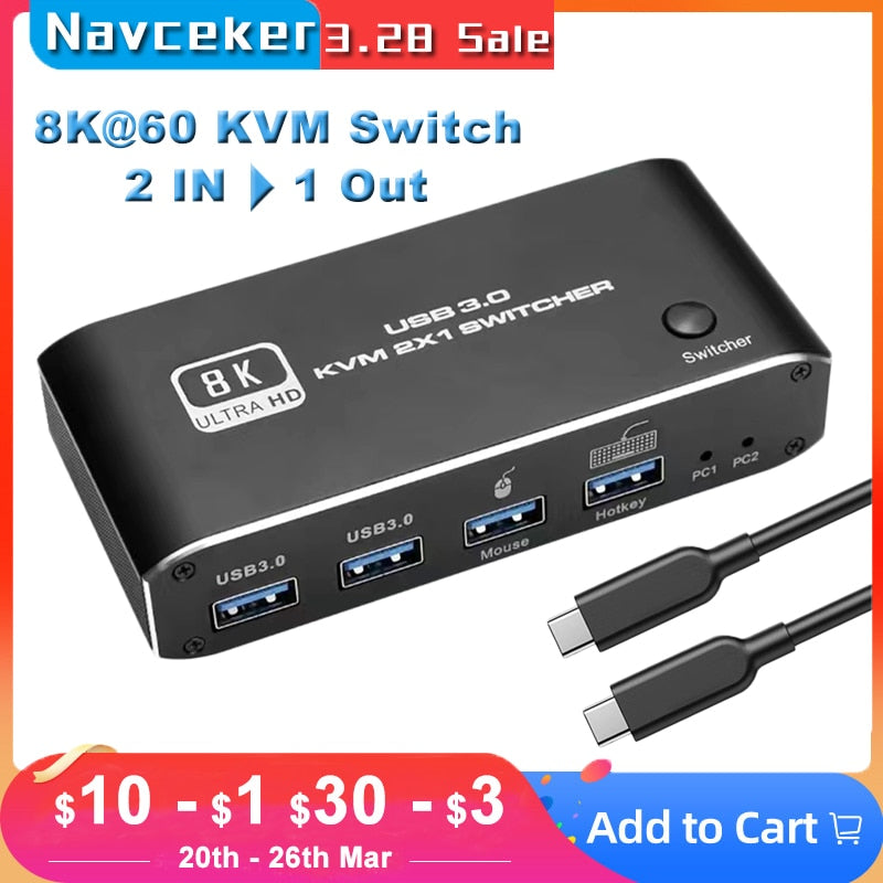 Navceker HDMI 2.1 KVM Switch 4K 120 هرتز HDMI USB 3.0 KVM Switch USB 8K 60 هرتز 1080 @ 240 هرتز USB KVM Switch HDMI مع منفذ USB 3.0 للكمبيوتر