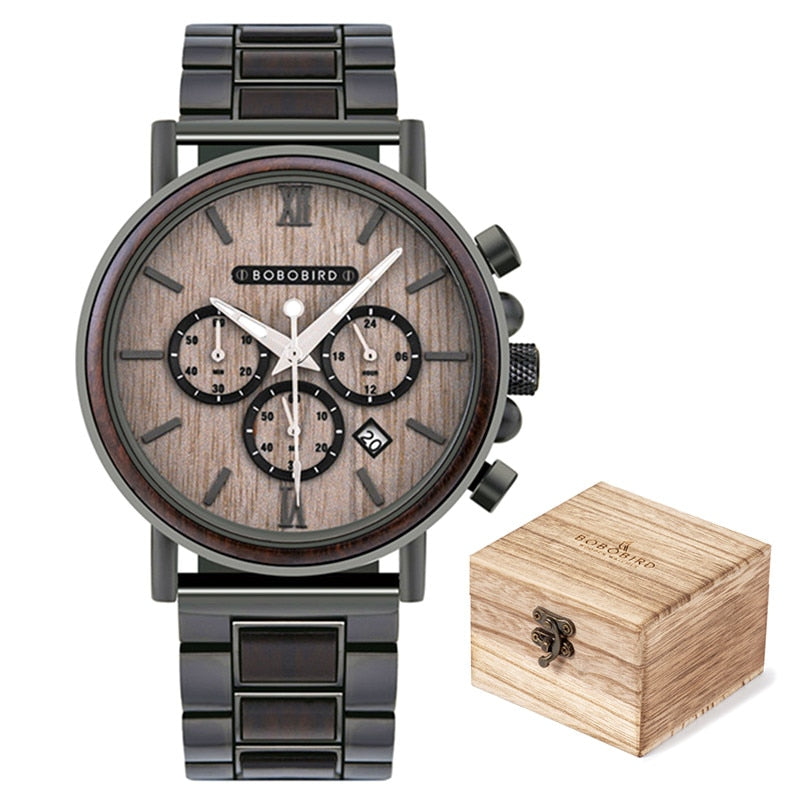 BOBO BIRD Wooden Watch Men Stopwatch Chronograph Luxury Stylish Show Date Wood Quartz Wristwatch Male Timepieces In Gift Box OEM