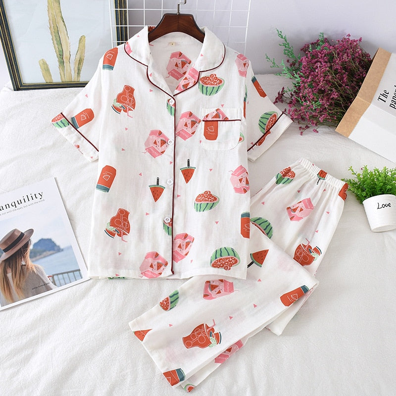 2023 Japanese style simple short women female 100% cotton gauze short sleeve trousers ladies pajamas suit cute pajamas sets home