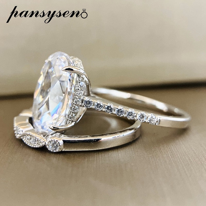 PANSYSEN  9ct Radiant Cut 9*13MM lab Moissanite Diamond Ring sets for Women Solid 925 Sterling Silver 18K Rose Gold Color Rings